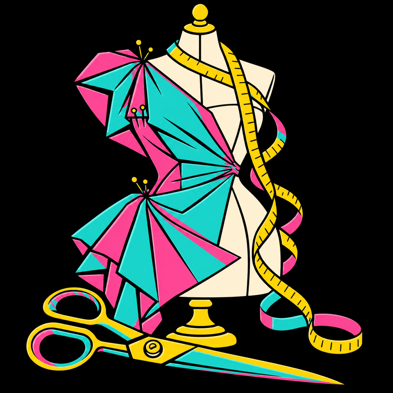 Pink, turquoise and yellow pop-art dress form with tailoring scissors