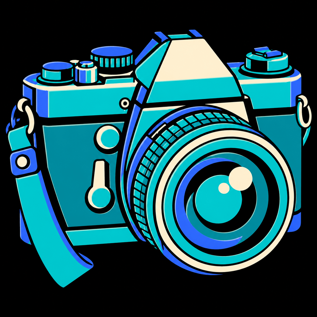 Teal, cobalt and cream pop-art photo camera