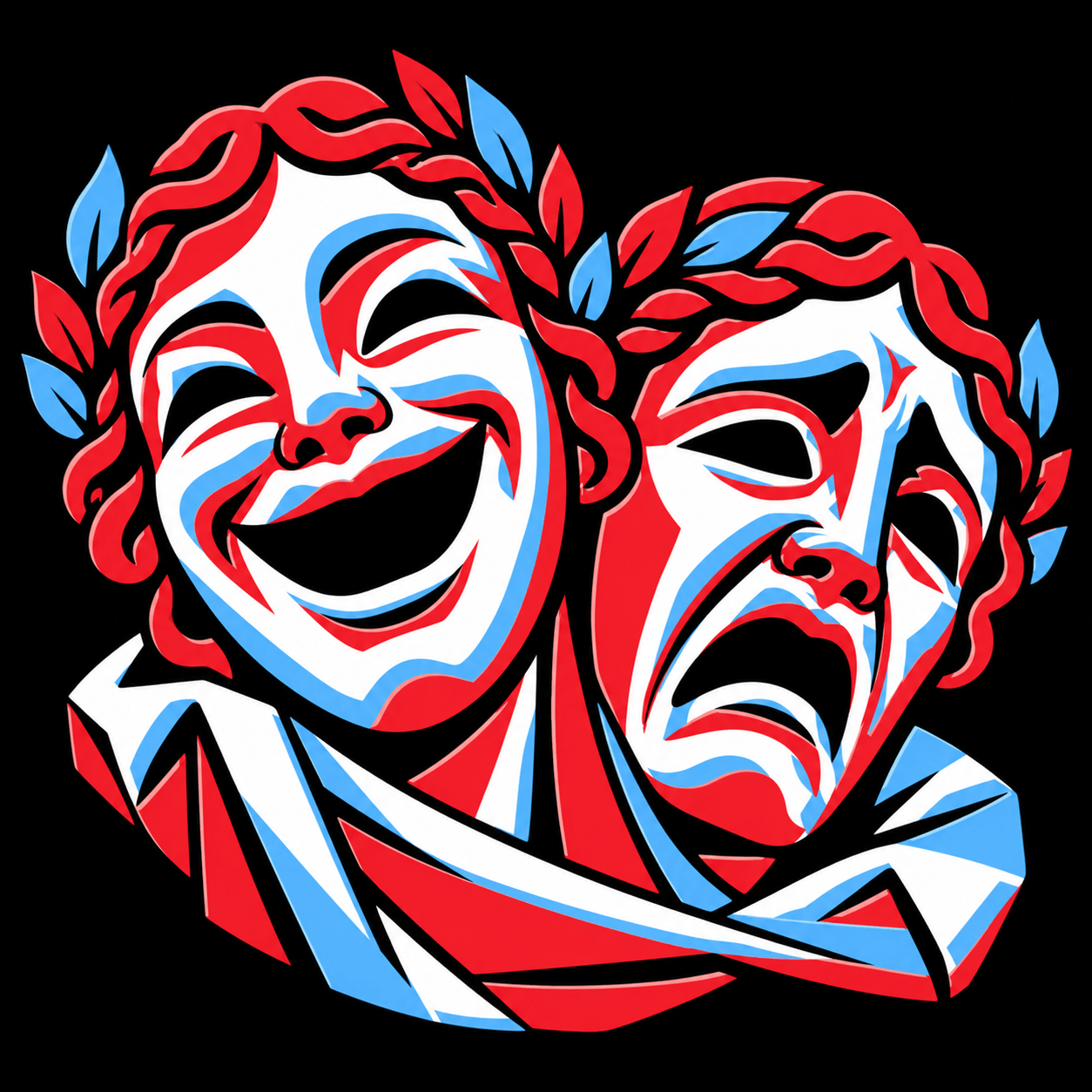 Red, white and blue pop-art comedy and tragedy masks